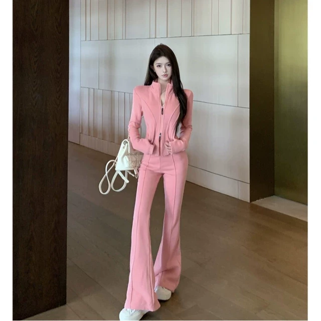 休闲运动套装粉色修身双拉链短款卫衣外套女秋季微喇叭长裤两件套