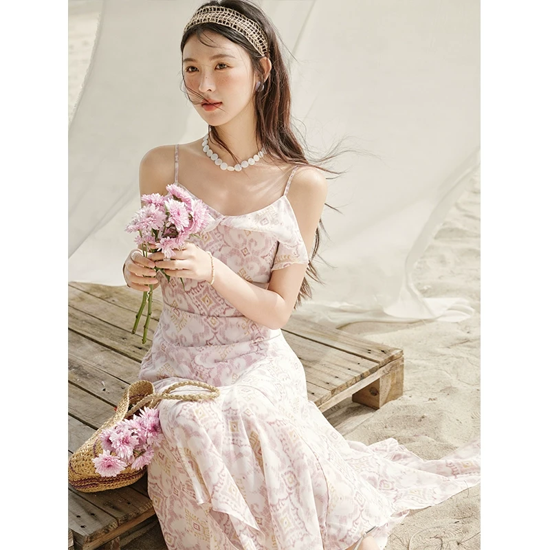 【金拐子专属】谜秀碎花雪纺吊带连衣裙温柔风收腰长裙子MXE33L2215