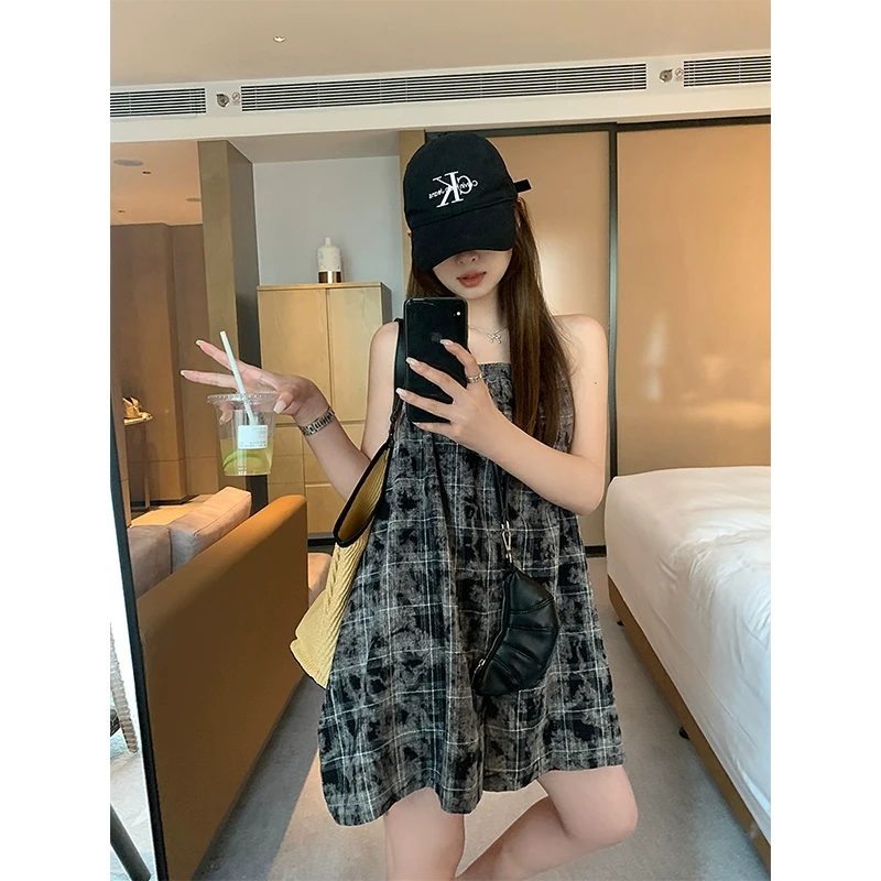 【年货捡漏】乌77宽松百搭防晒开衫晕染格纹吊带连体裤两件套女