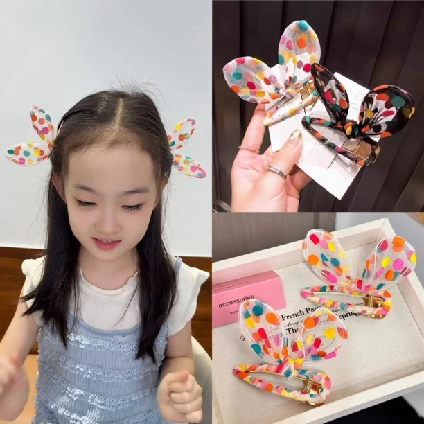 彩色波点兔耳发夹ins日韩国可爱刘海夹网纱少女侧边夹子发饰