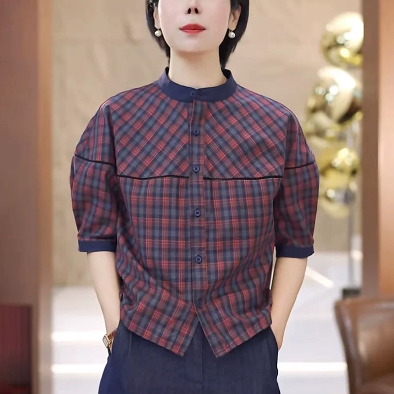 2025夏季红色格子衬衫女短袖新款高级感洋气减龄休闲显瘦别致上衣