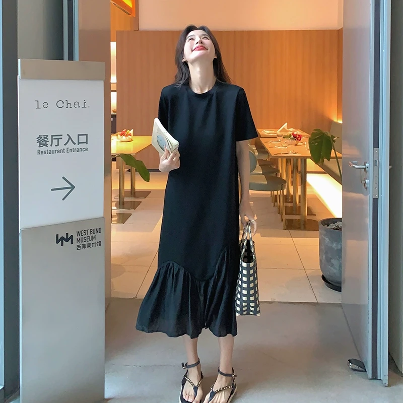 黑色连衣裙女夏季2025新款宽松遮肚子显瘦休闲慵懒风拼接鱼尾长裙