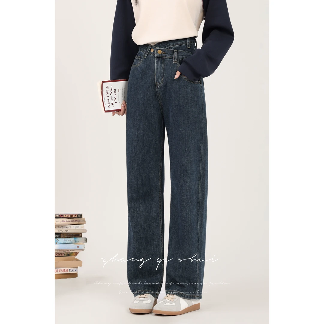 张小小秋冬新款蓝色设计感不规则牛仔裤小个子直筒高腰显瘦长裤女