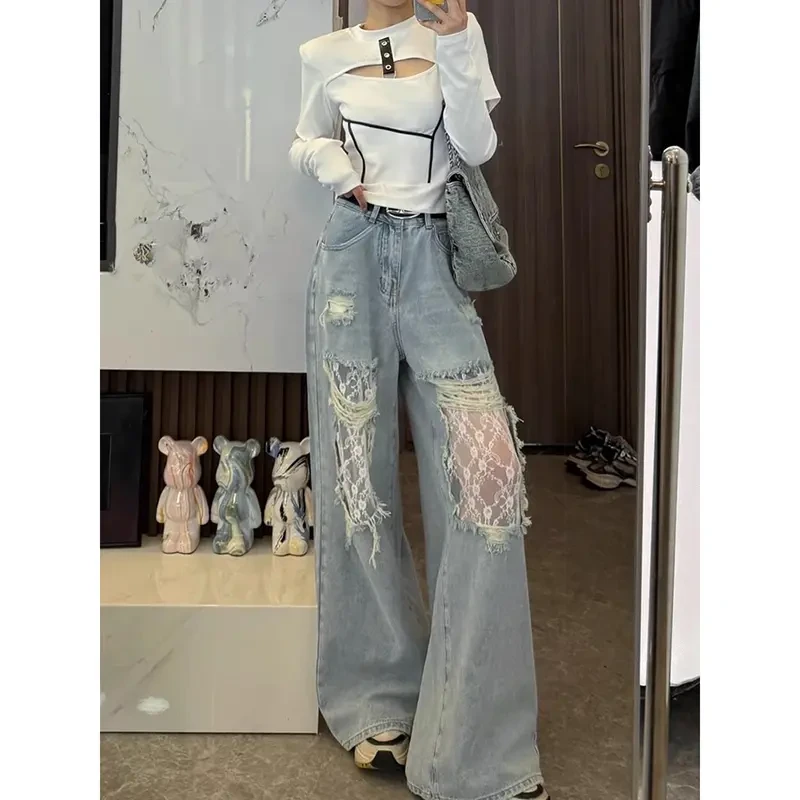 复古破洞蕾丝拼接牛仔裤女宽松阔腿显瘦春夏季设计感高腰直筒长裤