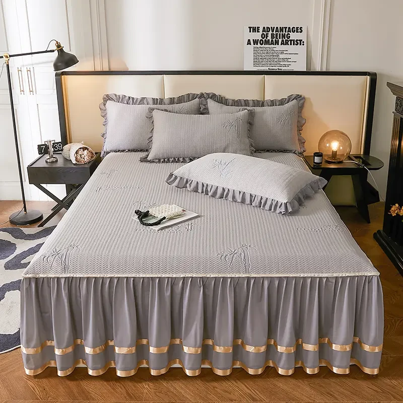 水星新家纺25夏季款床裙凉豆豆凉席床裙三件套床裙款轻奢冰丝凉席