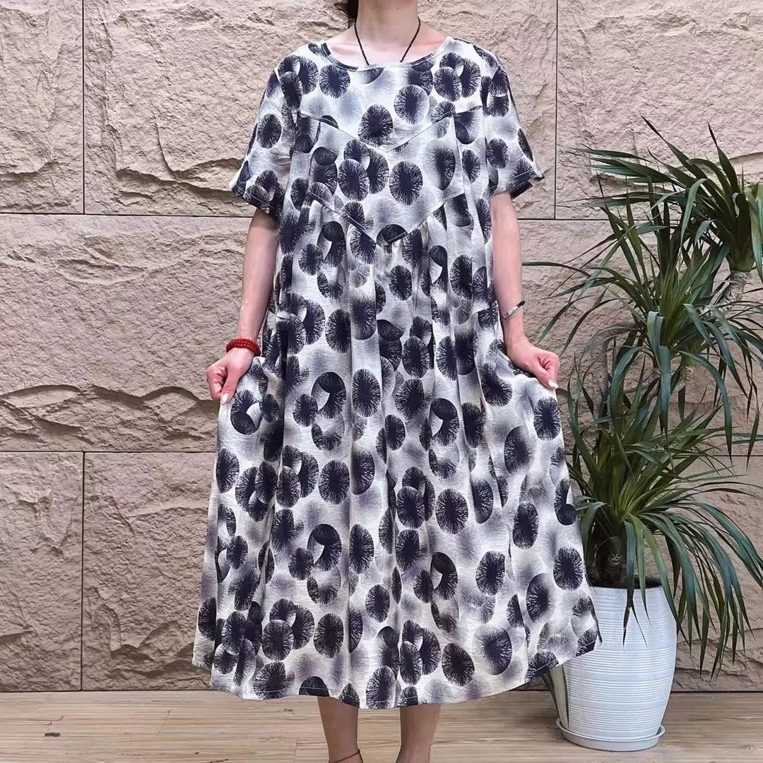 5646均码新款单排扣口袋款A字版印花长款大摆连衣裙时尚文艺复古