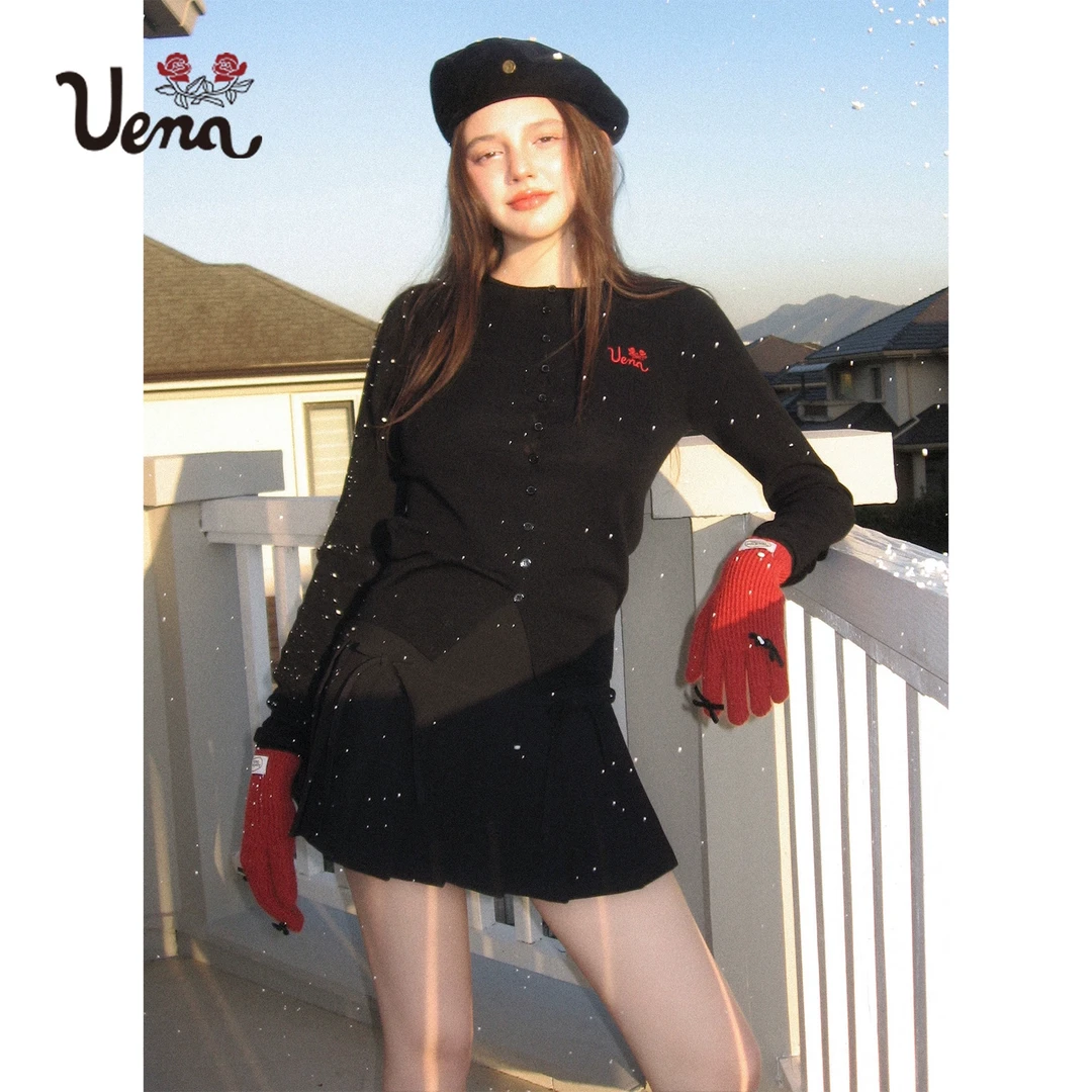 【蔷薇呢喃】Uena玫瑰刺绣自发热圆领绵羊毛针织开衫修身打底衫女