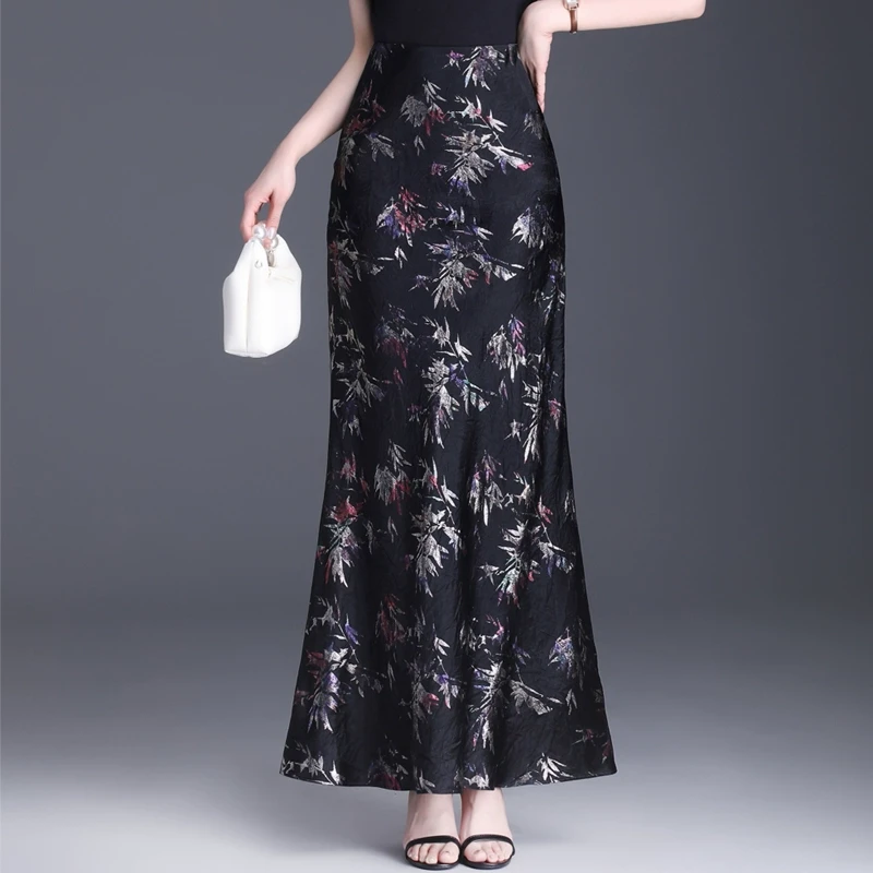 优雅修身鱼尾长裙子女春夏2025新款高腰气质印花半身裙开叉包臀裙