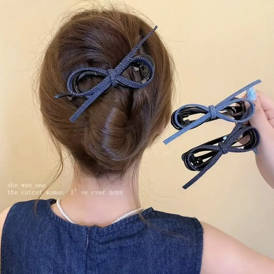 秋季新款复古牛仔蝴蝶结扭扭夹女高级感一字抓夹后脑勺盘发夹发饰