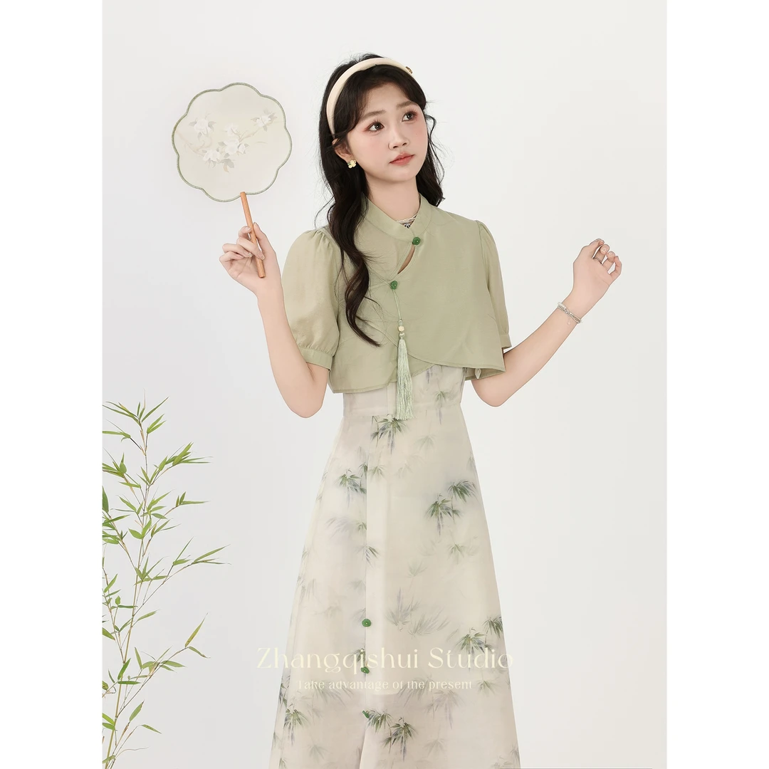 【ZBT直播间】《月斜竹影》夏季绿色衬衫吊带连衣长裙新中式LZ07707