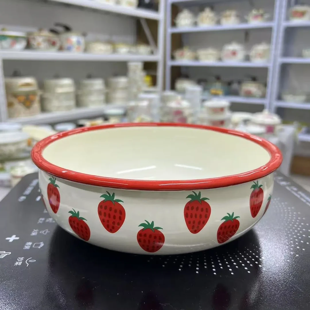 22公分特厚珐琅搪瓷草莓元宝汤盆