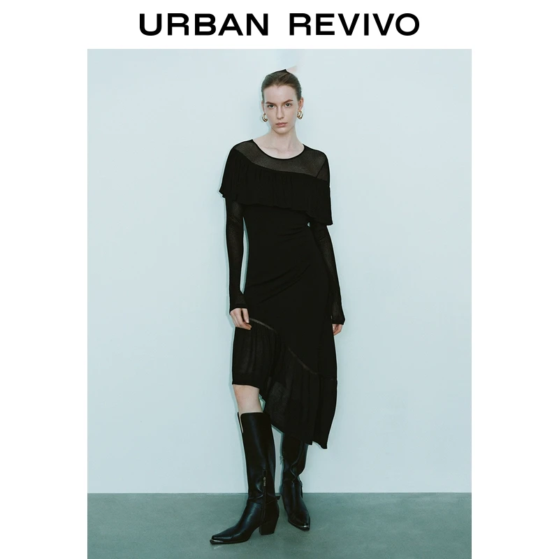 UR2025秋季新款女复古魅力不对称荷叶边针织连衣裙UWG950018