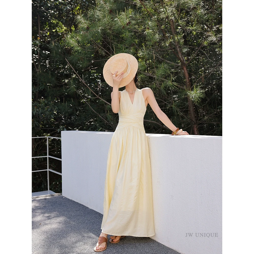 JWUNIQUE法式无袖挂脖连衣裙女2025夏季新款高腰显瘦气质A字长裙
