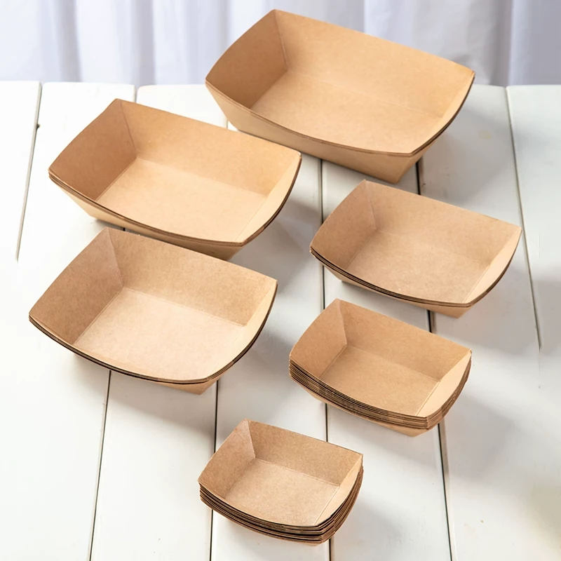 牛皮纸敞口船盒商用炸鸡盒免折鸡米花薯条小吃纸盒子纸盘烧烤托盘