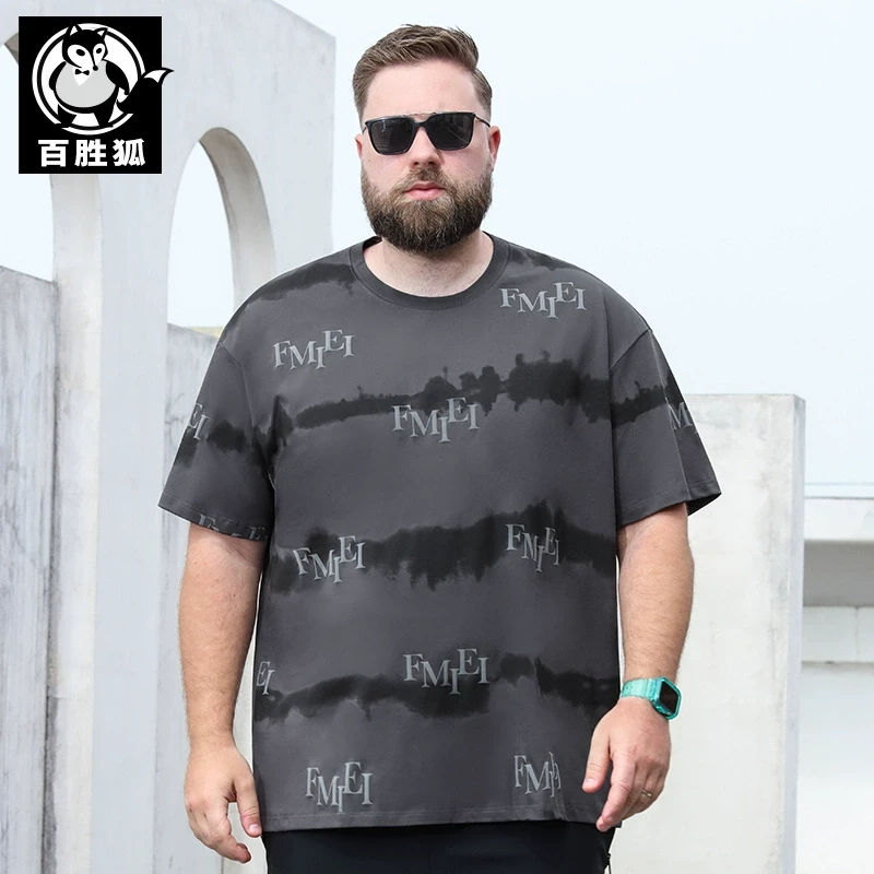 百胜狐大码男装短袖T恤2025夏胖子加肥宽松休闲时尚潮流印花上衣