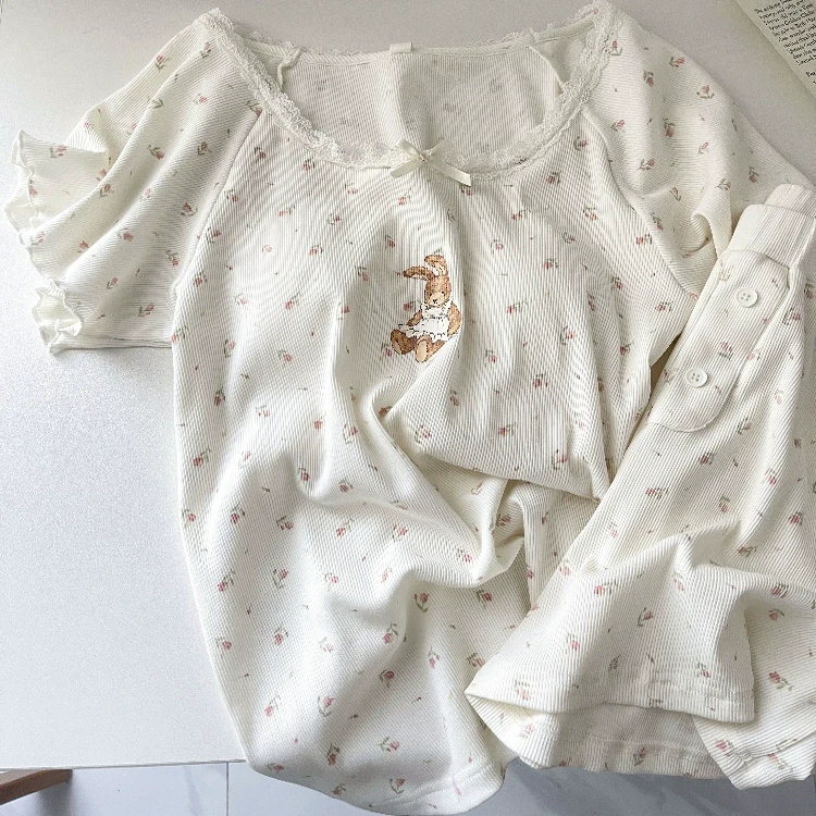 【日系可爱碎花小兔】睡衣女款爆款2025新款夏季短袖长裤居家服套装