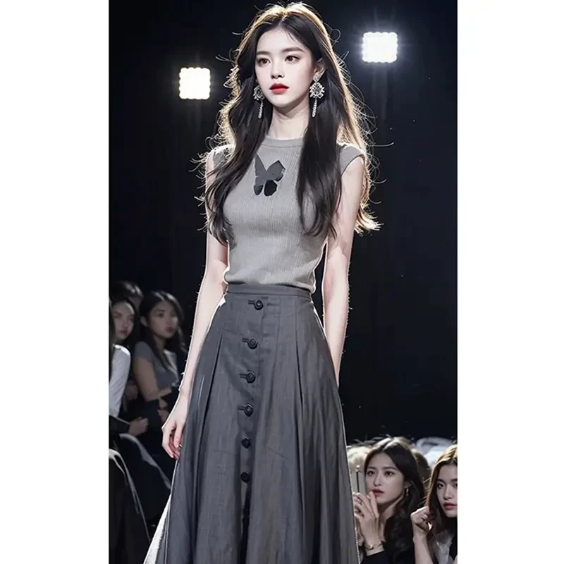 港风显瘦套装穿搭女2025夏季法式气质修身上衣 高腰遮胯半身裙潮
