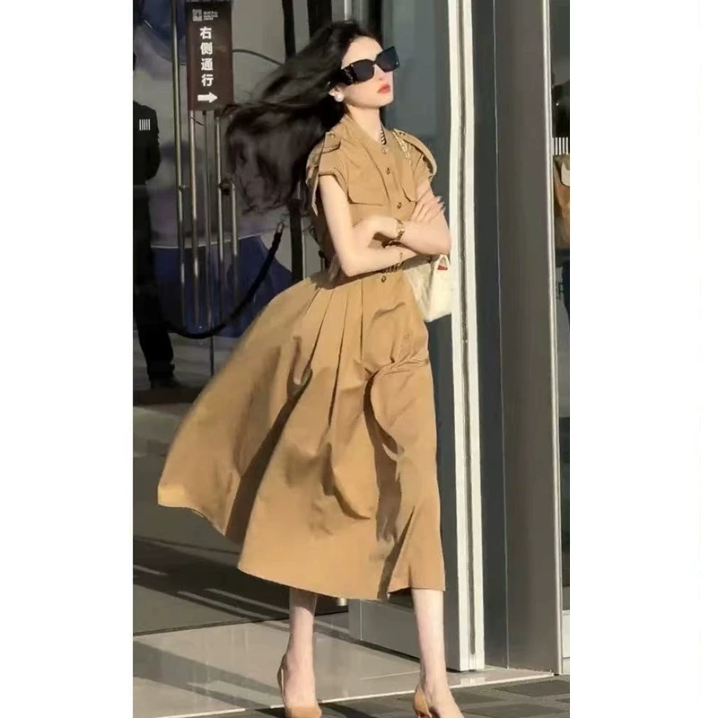 高端法式卡其色连衣裙女夏季2025夏装新款无袖背心气质收腰长裙子