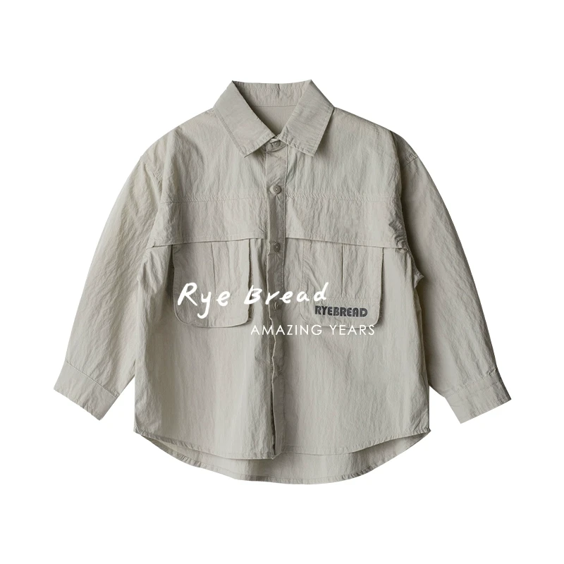 ryebread/黑面包童装 韩版男中大童拼色字母印花休闲衬衫 5春