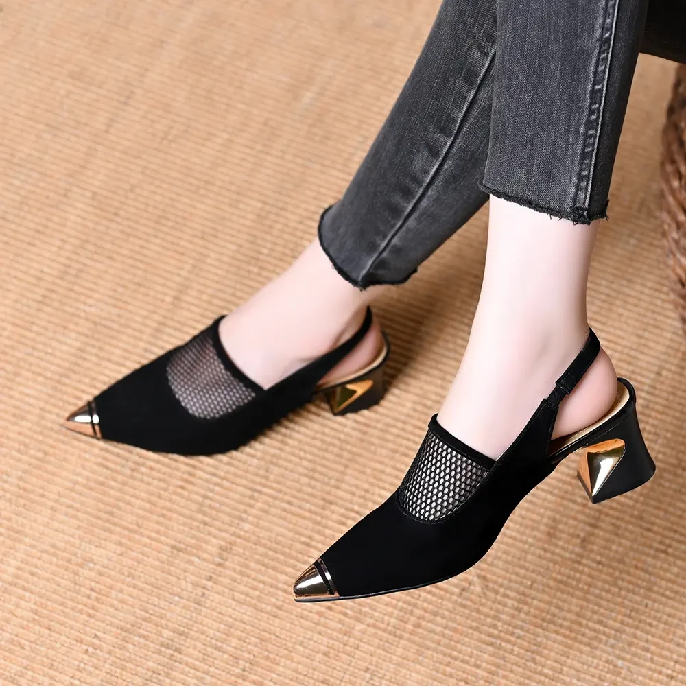 网纱凉鞋女真皮包头镂空2025年夏季新款粗跟一字带尖头后空高跟鞋
