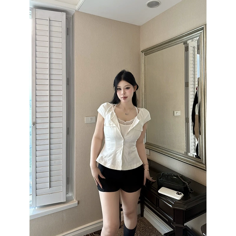 黑泽玄七“古早韩美人”夏季显瘦千禧蕾丝收腰通勤衬衫吊带两件套女