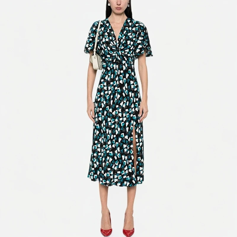 葭恩25新款气质显瘦蓝黑白爱心几何印花扭结V领荷叶袖连衣裙0780