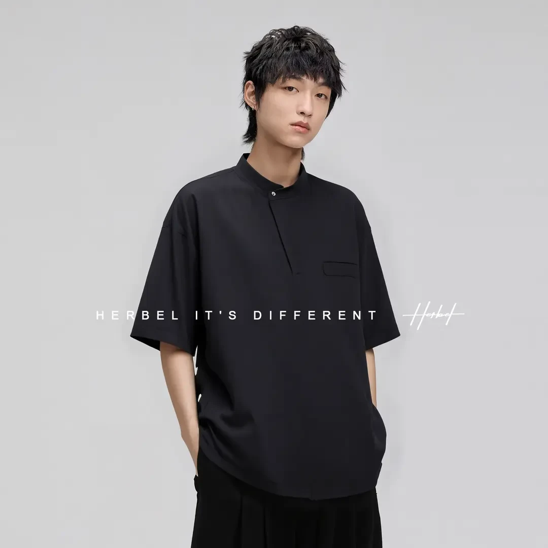 HERBEL/黑白2025夏季新款百搭短袖衬衫男款时尚高级感穿搭男装