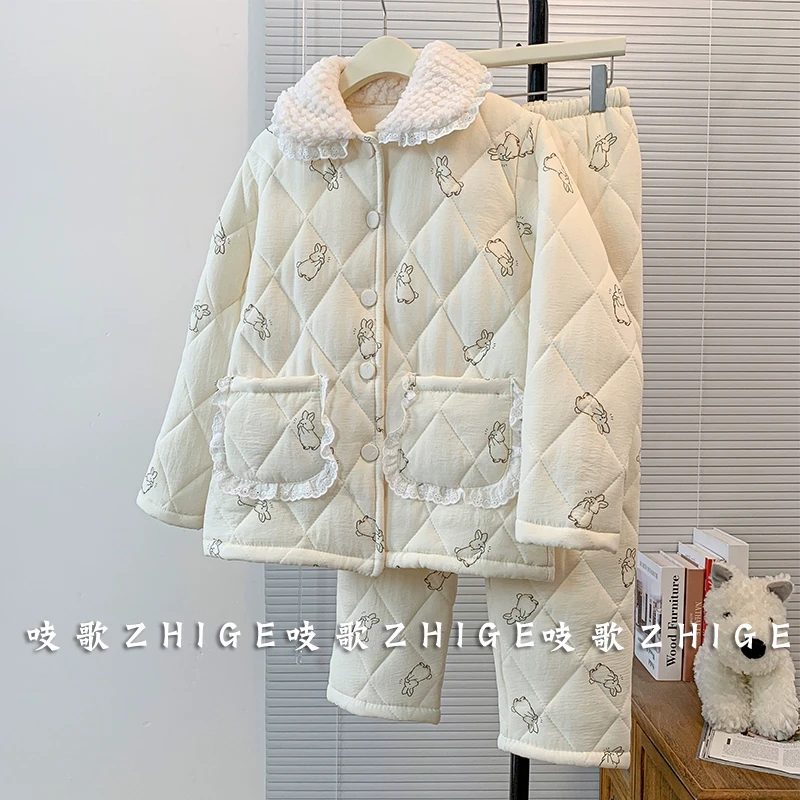 特厚三层加厚夹棉睡衣女秋冬季珊瑚绒保暖冬天2025新款家居服套装