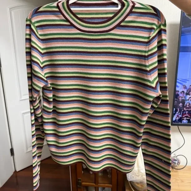 时尚百搭条纹长袖 显瘦打底圆领复古风