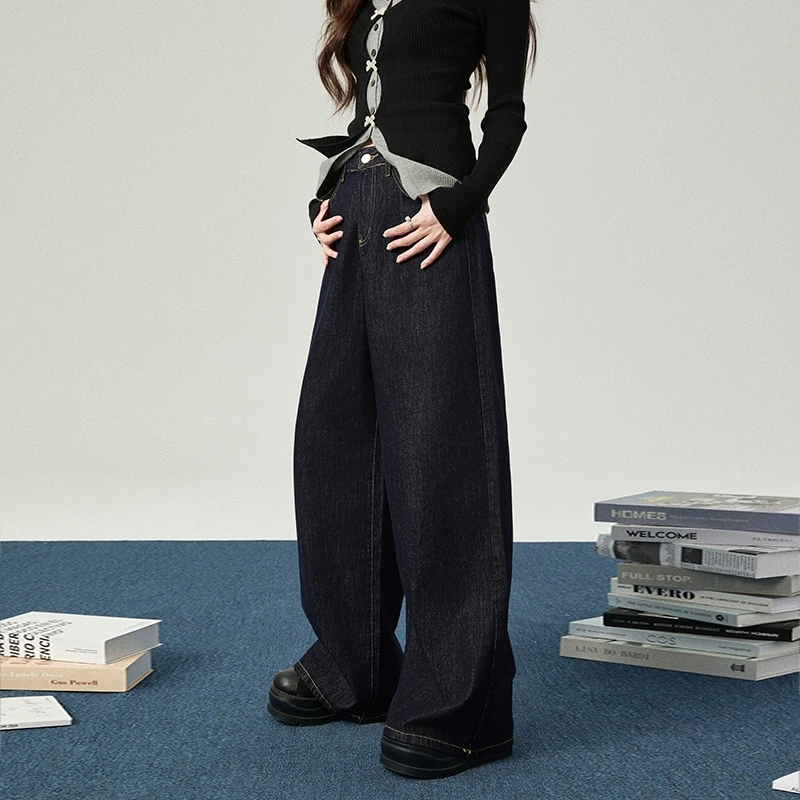 清015花铃太太新款牛仔裤女秋季新款高腰显瘦深蓝色直筒阔腿