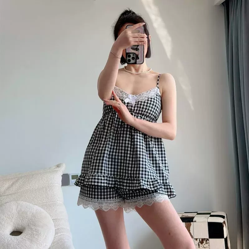 2025新款甜美可爱网红款黑白格纹吊带胸垫短裤纯棉睡衣女夏家居服
