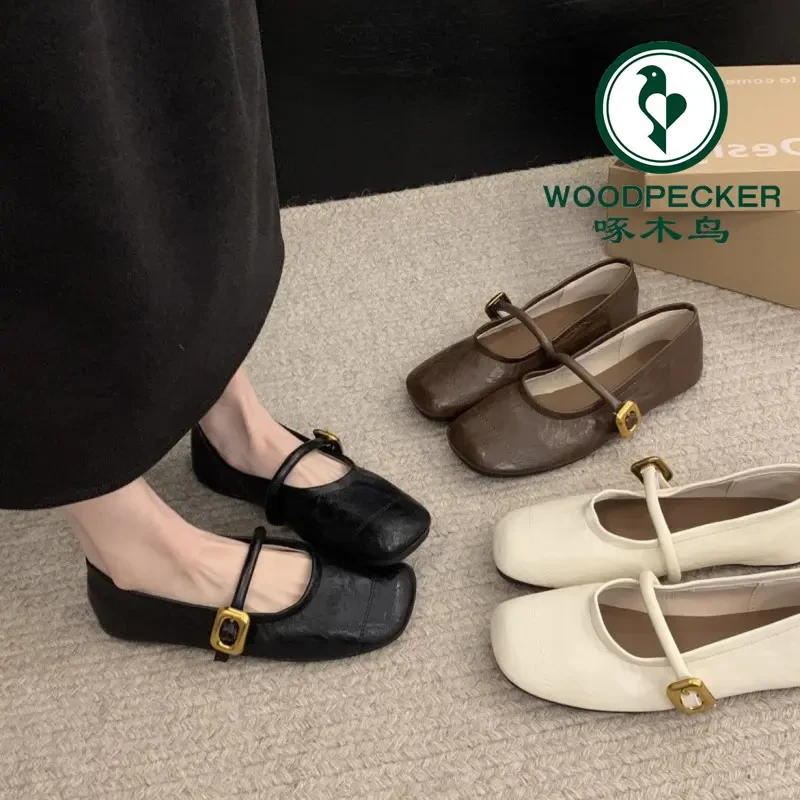 啄木鸟软底玛丽珍鞋女2025年秋季新款百搭平底圆头浅口一字带单鞋