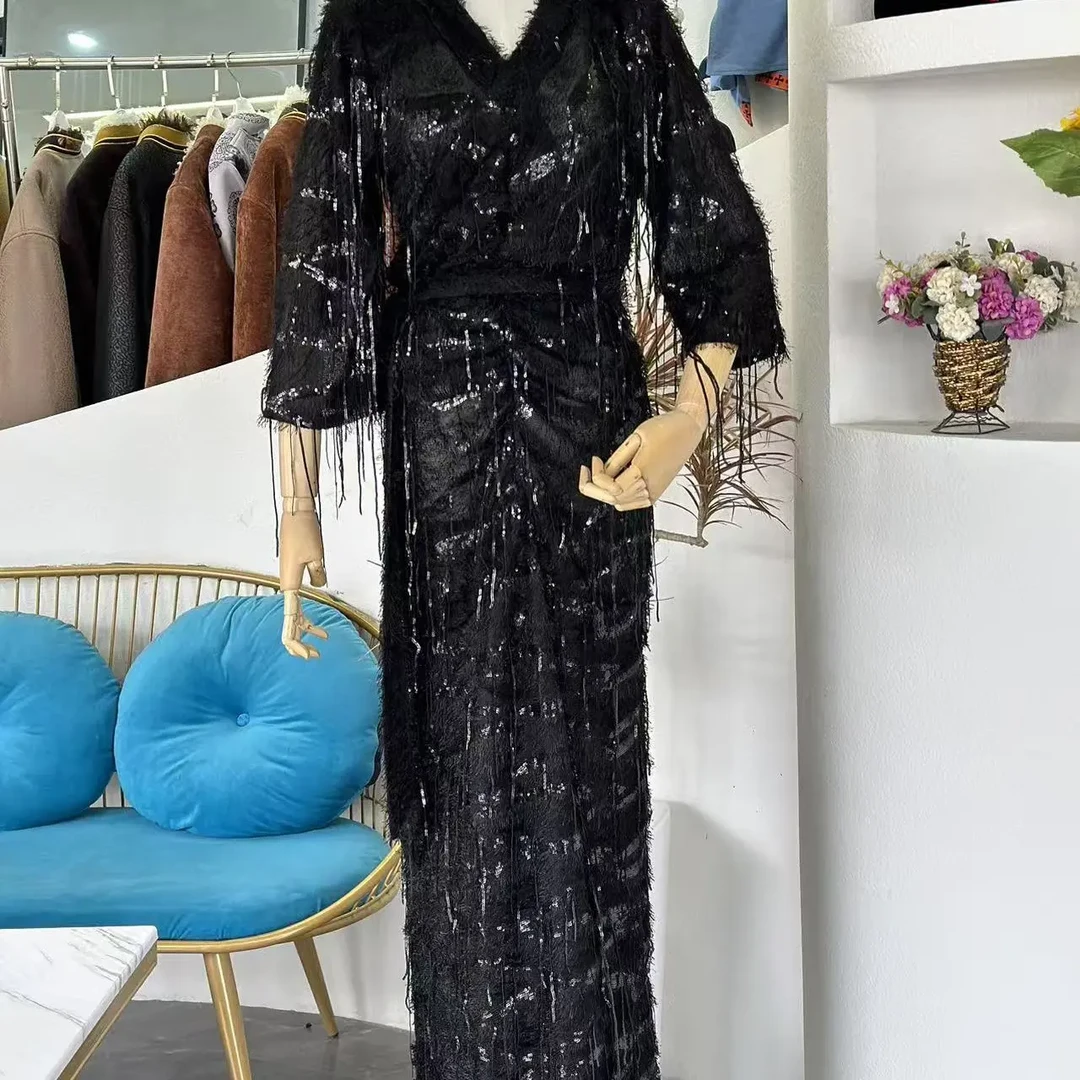 重工亮片流苏设计秋冬V领长款时尚连衣裙
