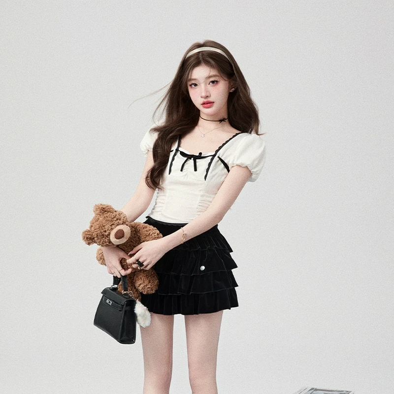 清024花铃太太新款撞色花边上衣夏季白色短袖背心学院风百搭