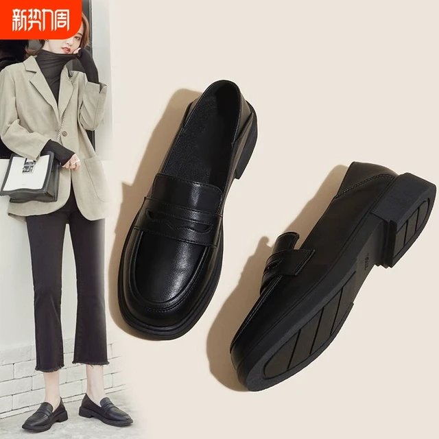 软底乐福鞋女2025春秋新款粗跟黑色英伦风小皮鞋复古一脚蹬单鞋新