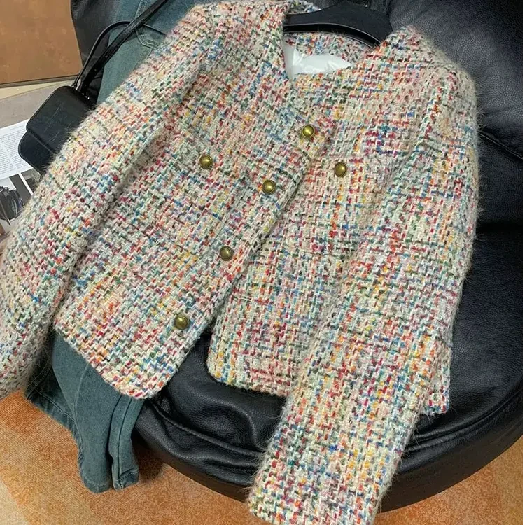 2024年新款冬季多彩粗花呢棉服小香风外套保暖9825