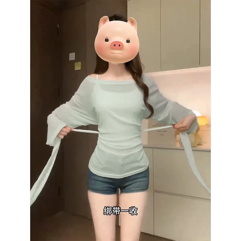 夏季薄荷绿色轻薄收腰防晒罩衫夏日薄纱上衣网纱镂空2025初夏穿搭