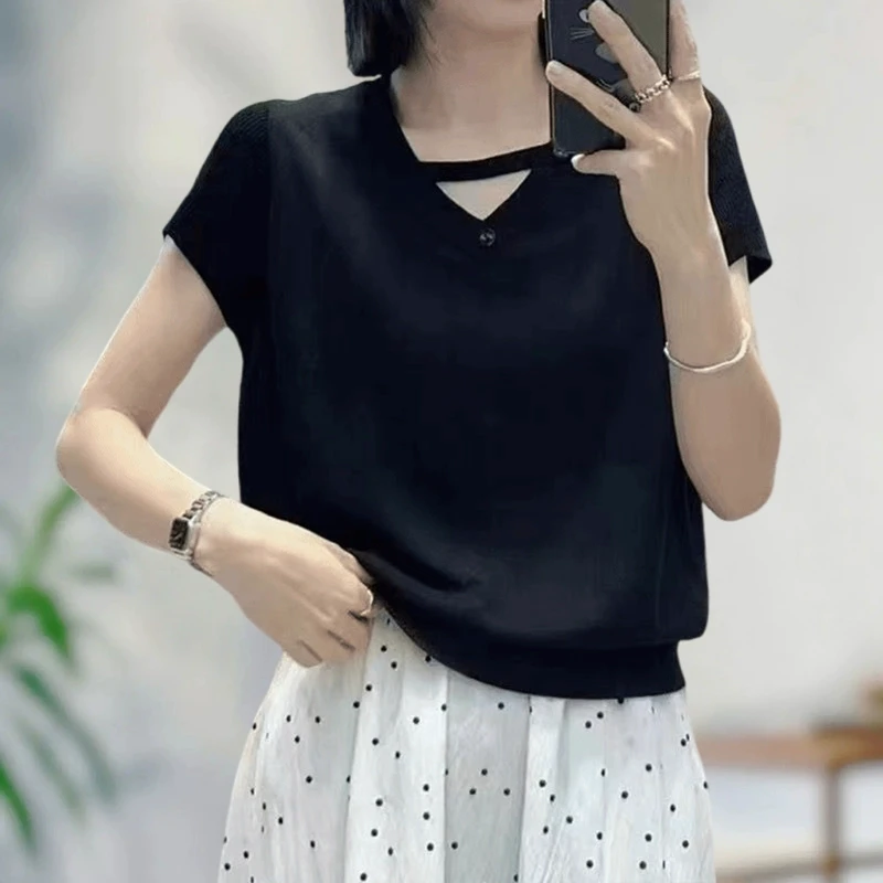 设计感法式冰丝针织衫女2025夏装新款时尚洋气小衫气质短袖上衣潮