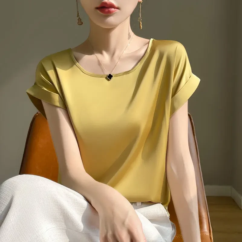 【100%桑蚕丝】大燕2025T恤夏季新款圆领上衣宽松气质打底纯色百搭