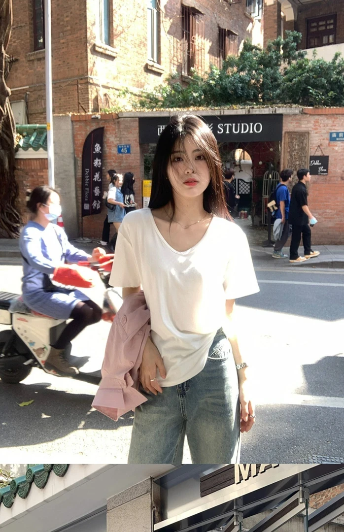 2025韩版白色V领时尚百搭T恤女夏季高弹力宽松显瘦内搭纯色上衣