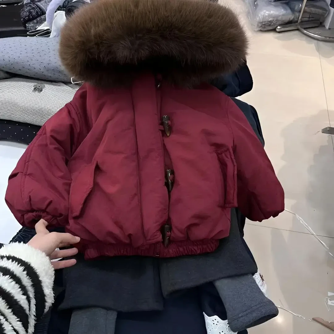 男女童冬季加绒加厚连帽大毛领棉服直播