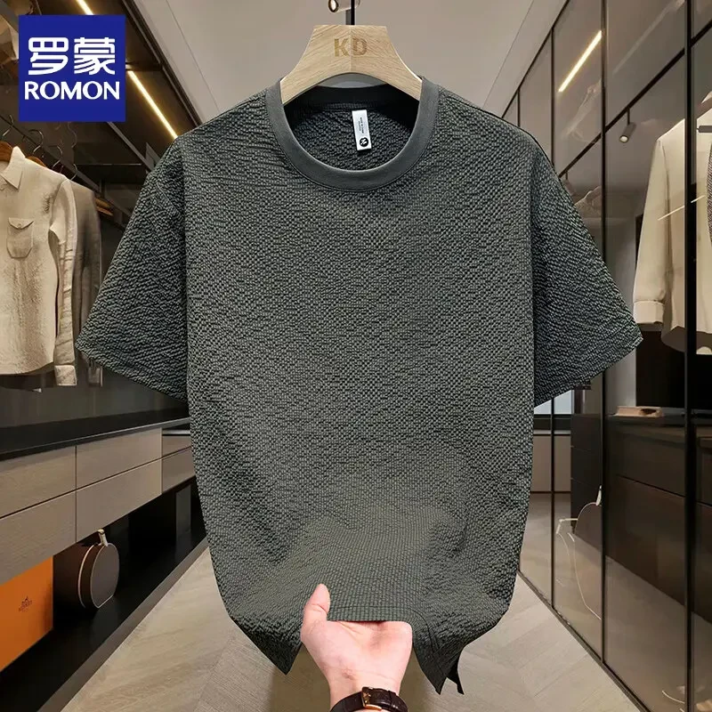 罗蒙男装2025夏季泡泡纱肌理感短袖T恤男士简约纯色圆领半袖体恤