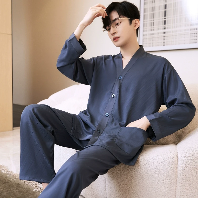 乐姿梦睡衣男士春秋季丝绸冰丝大码仿真丝质家居服套装2025年新款