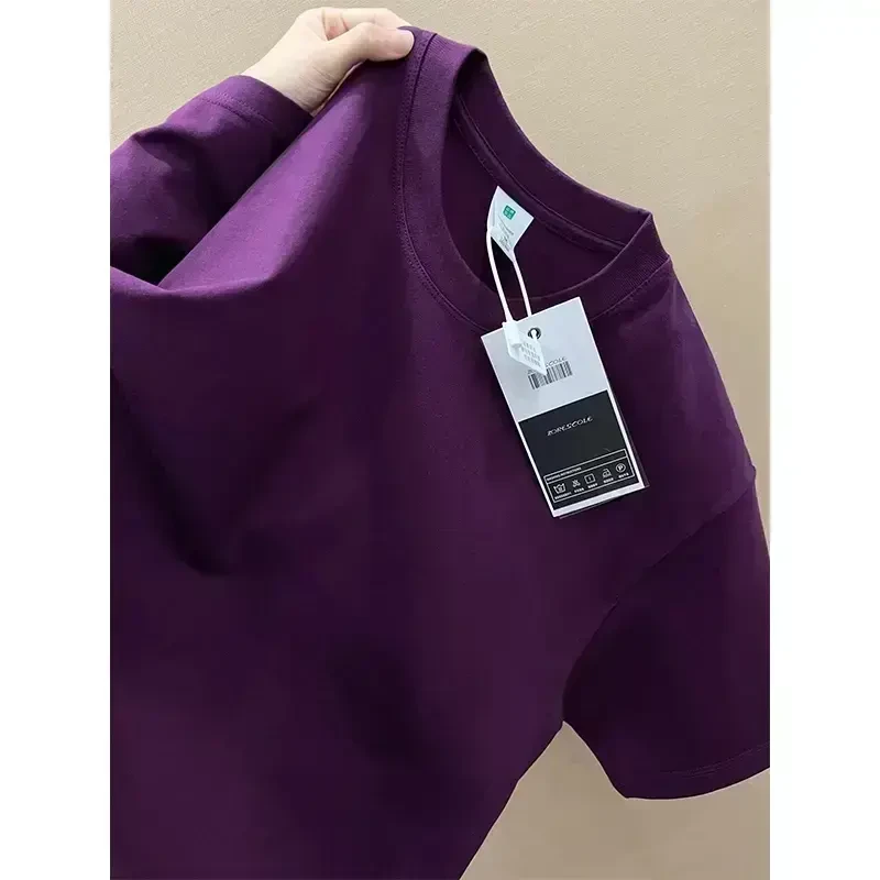 乌梅紫重磅100％纯棉T恤男女夏季美式小领口短袖三本针半截袖宽松