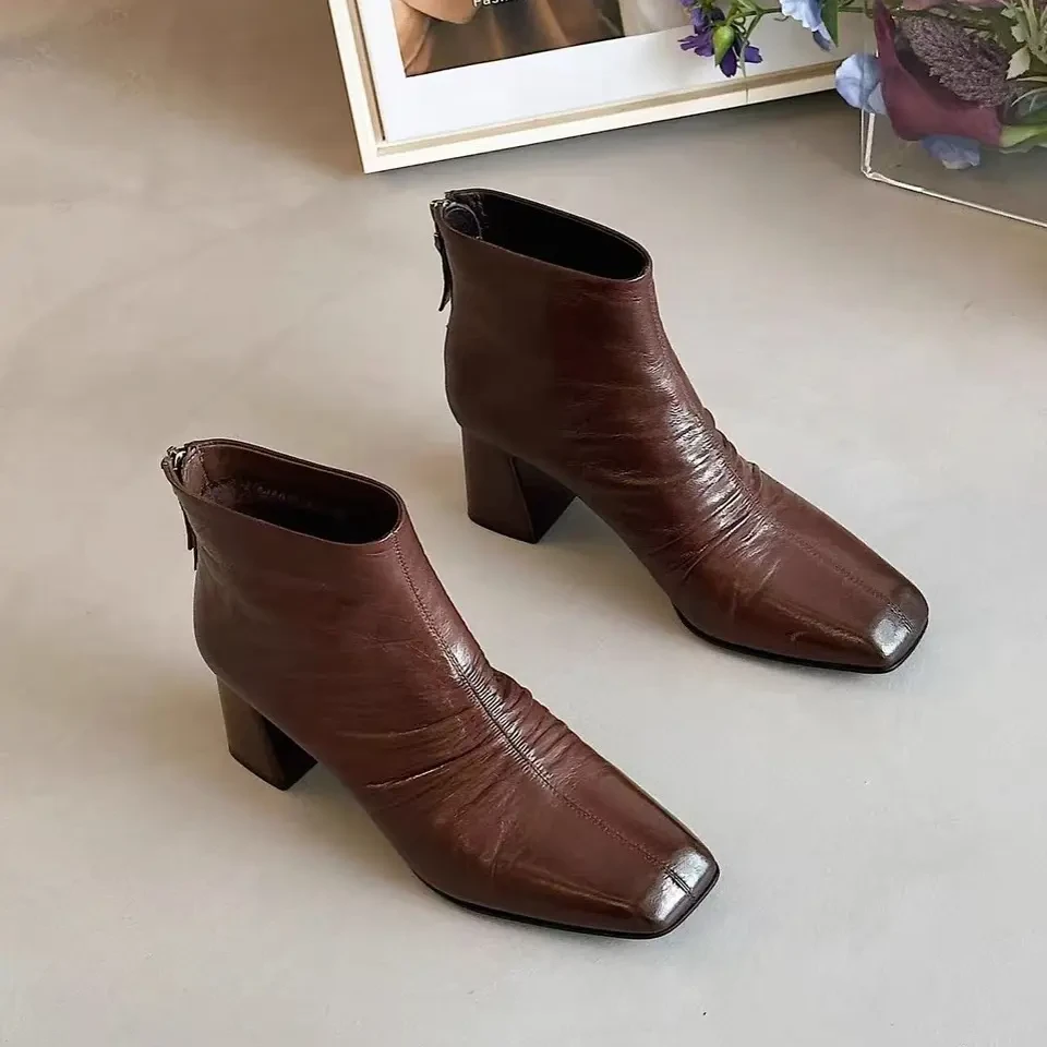 粗跟靴时尚平跟通用后拉链秋冬复古羊皮薄棉短靴靴子气质欧美风