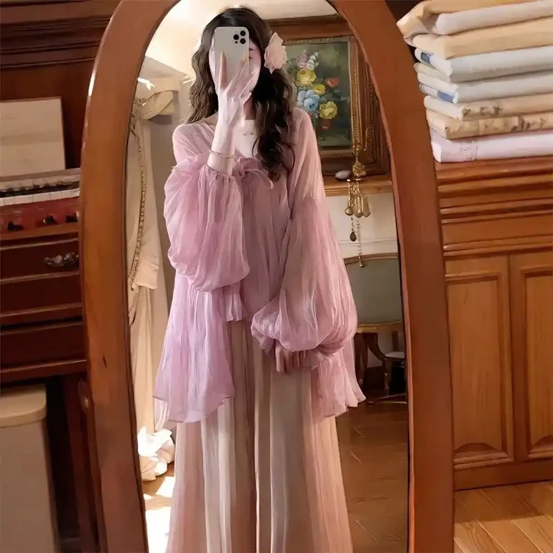 开春穿搭套装女大码胖mm粉色独特绝美泡泡袖雪纺上衣网纱半身裙子