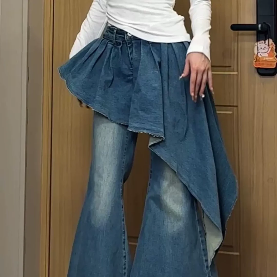 W12s原创美式复古飘尾设计微喇牛仔裤女春秋街头辣妹水洗直筒长裤