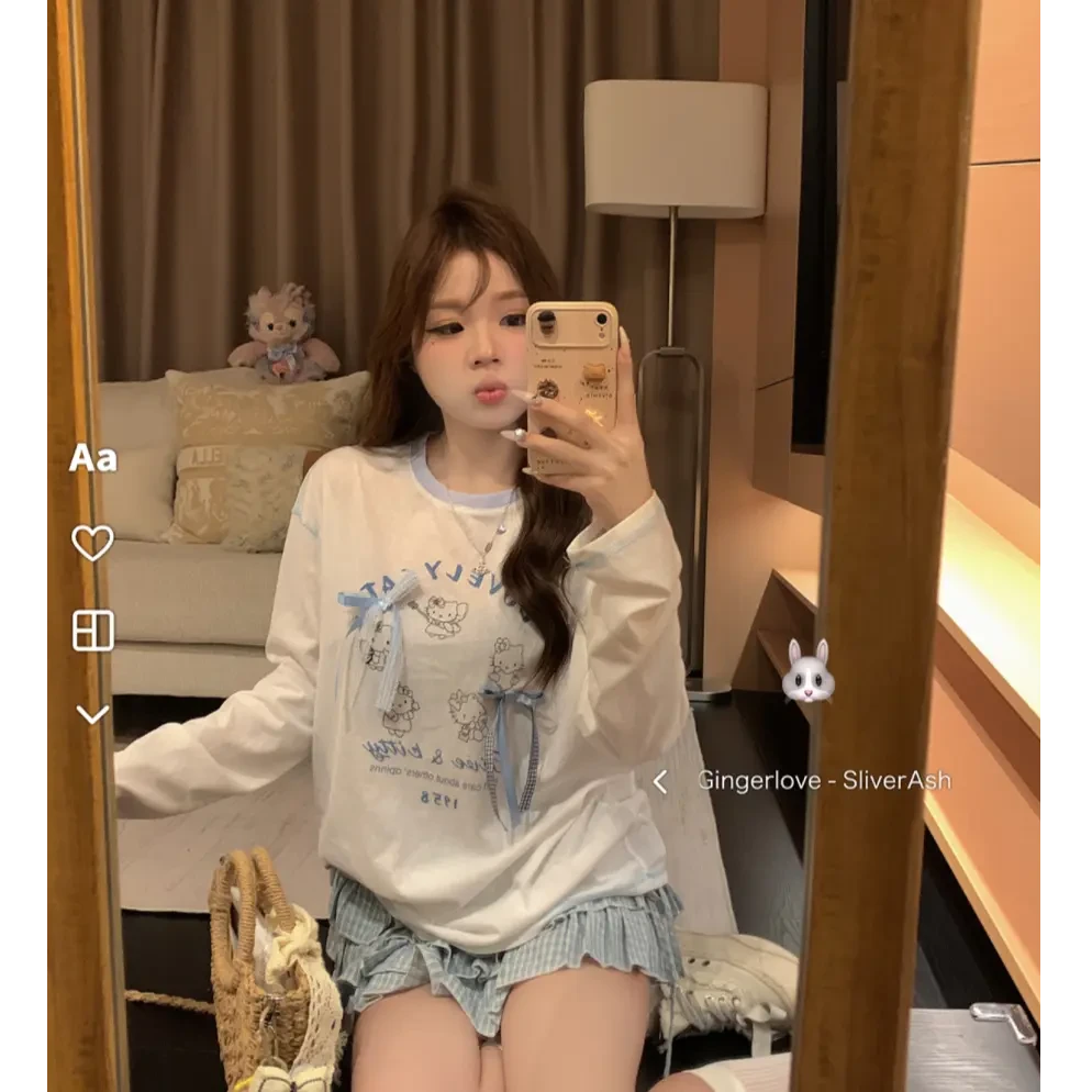 2025夏季轻薄衣休闲宽松卡通猫咪蝴蝶结薄款长袖T恤上衣女