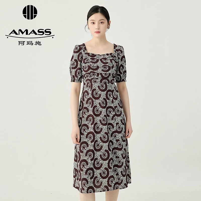 AMASS/阿玛施新款女装时尚复古印花方领抓褶长款连衣裙子550046