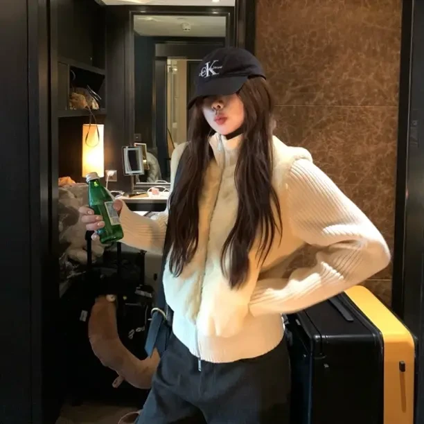 宅宅athome//摩根雪夜 立领针织袖毛毛外套小众设计感短款外套